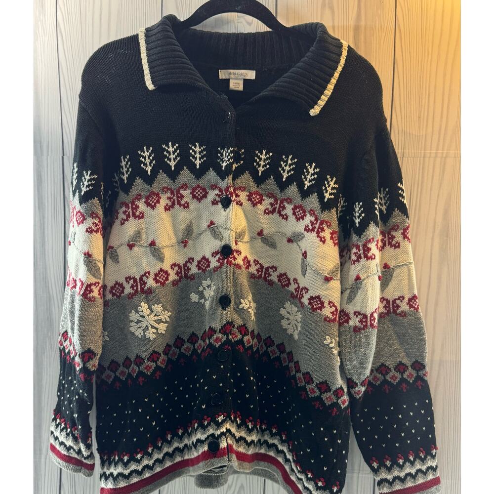 VTG Dress Barn Cardigan Sweater Jacket Large Black Snowflake Size 14/16 - Picture 1 of 7